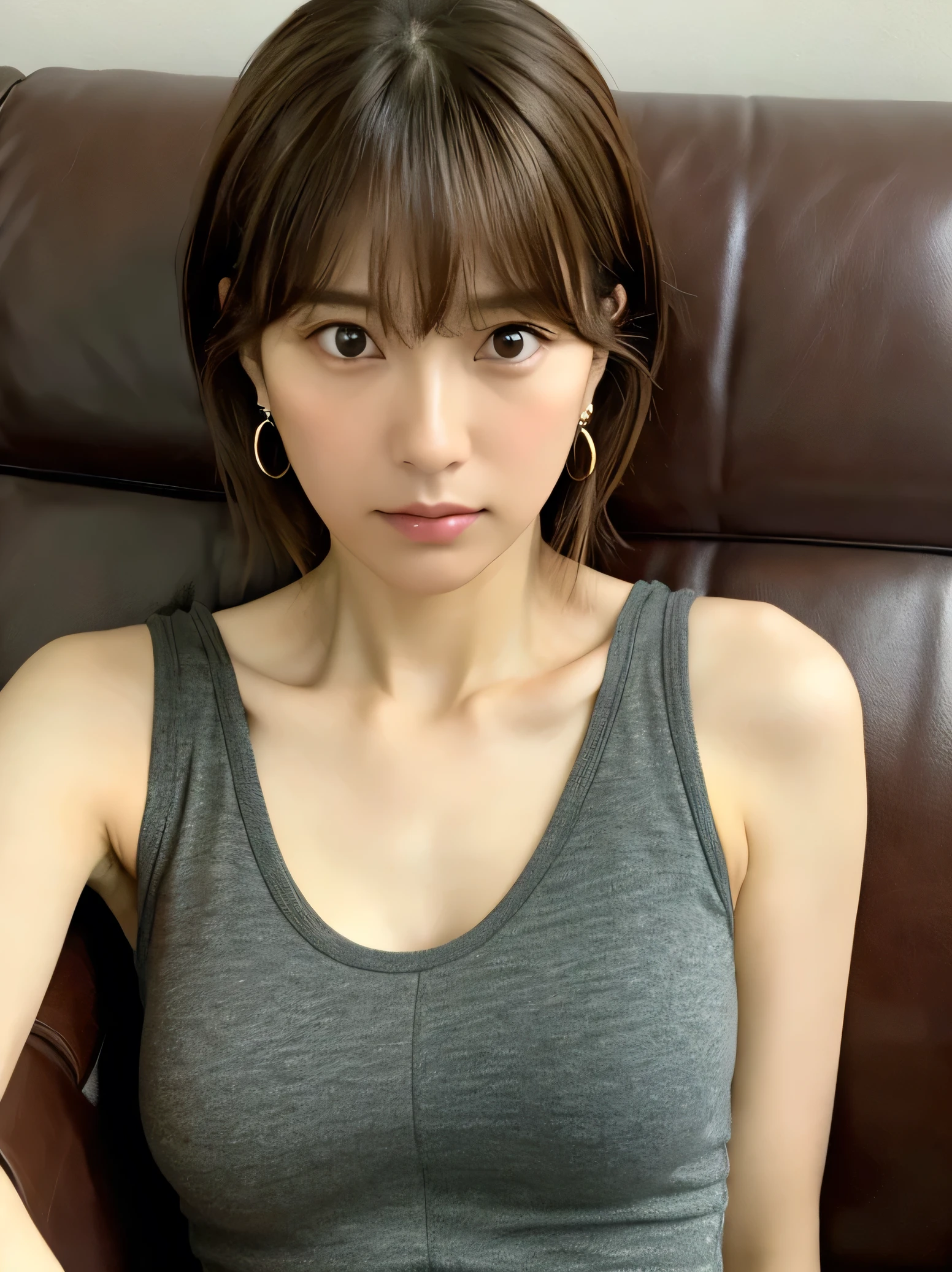 Look into the eyes,　Eye contact,　Front of face,　face,　Cross-legged,　indoor,　Brown Hair,　bangs,　Tank top,　Sweat,　clavicle,　shoulder,　Cross-legged,　chest,　Earrings,　Skin Moisture,　The gaze looking down on me,　Look at me,　chest元,　,　look,　sofa