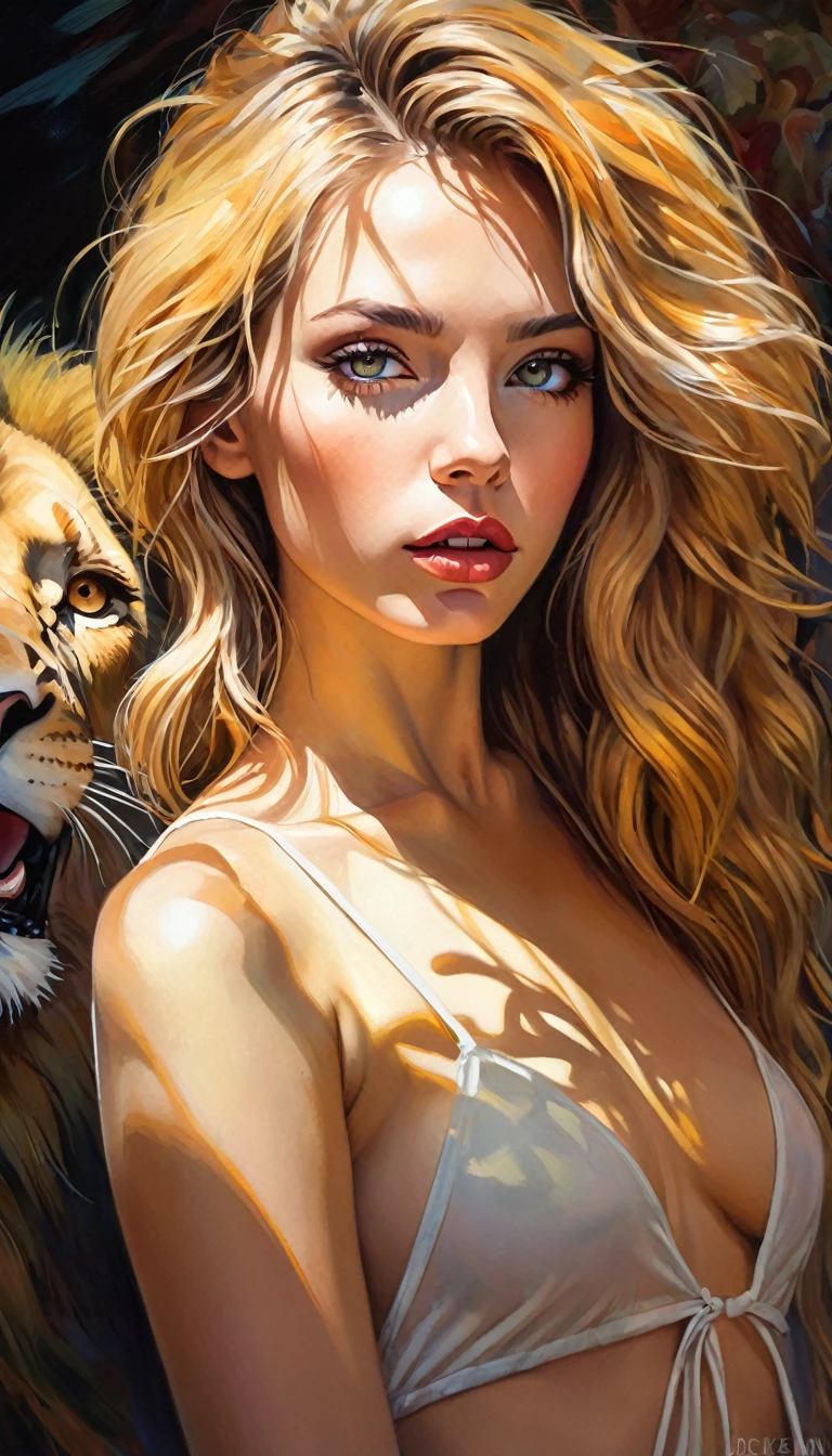girl and lion, , artwork inspired by Bill Sienkiewicz, vivid colors, intricate details, oil. (best quality,4k,8k,highres,masterpiece:1.2),ultra-detailed,(realistic,photorealistic,photo-realistic:1.37),intricate details,vivid colors,sharp focus,professional,Dave McKean artwork, oil touch of surrealism,oil painting style,portrait,woman,beautiful detailed eyes,beautiful detailed lips,dreamlike atmosphere,shadow play,soft lighting,playful pose, sexyl and lion