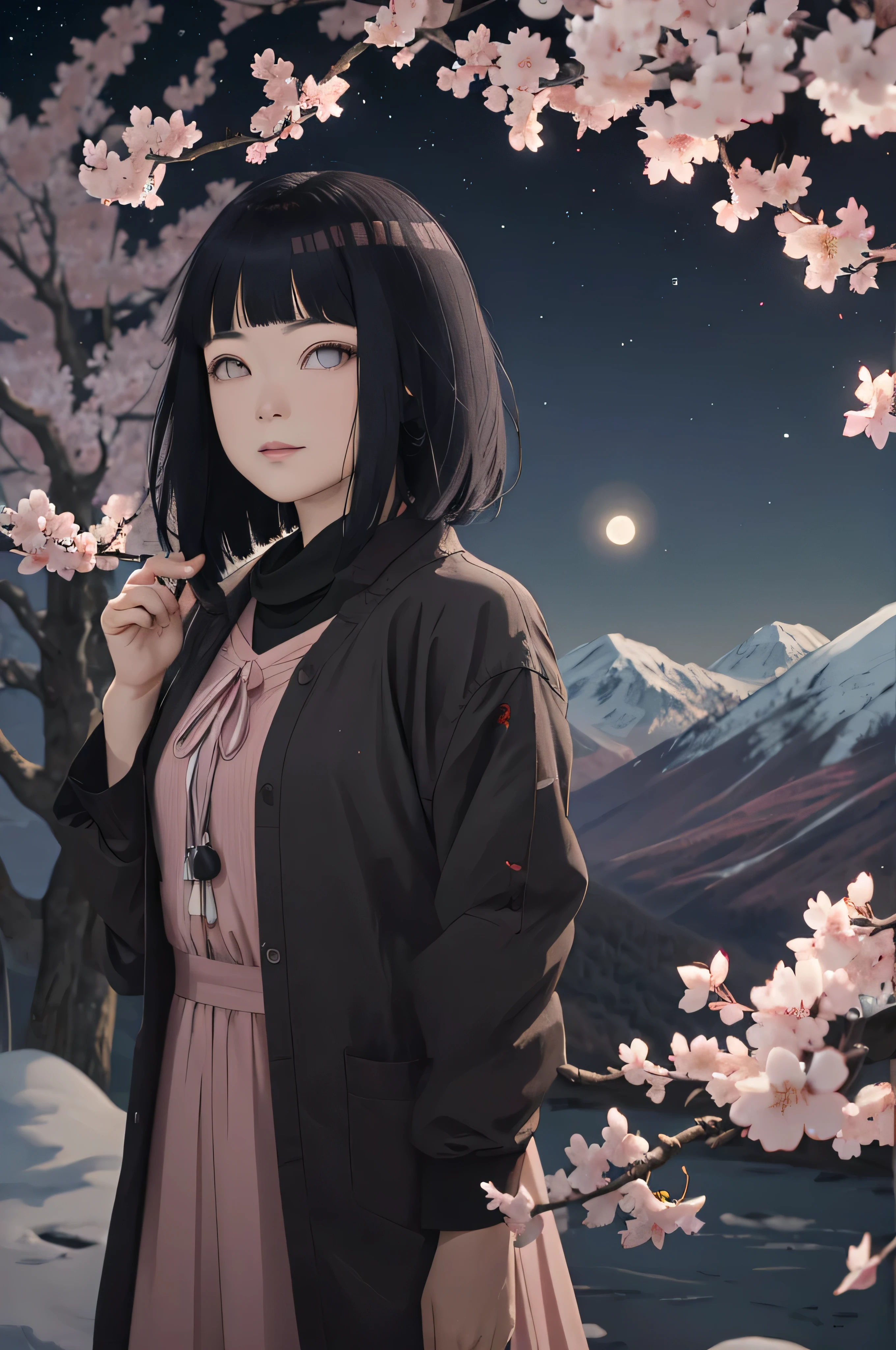 masterpiece, best quality, night, mountain, full moon, long black hair, woman, firefly, stars, mysterious cherry blossom tree, pink leaves, high quality, beautiful graphics, high detail
