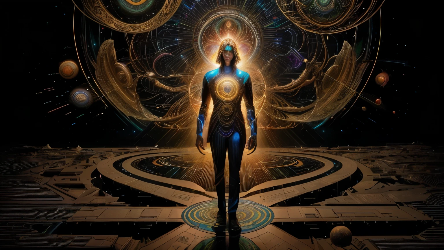 there is a man standing in front of a large circular object, Greg Beeple, astral appearance, dan mumford and alex grey style, solarpunk human, visionary art style, by Amanda Sage, visionary art, Alex Gray e Beksinski, digital visionary art, um ser interdimensional, Alex Gray e Tim Hildebrandt, alex grey style, cosmic energy threads