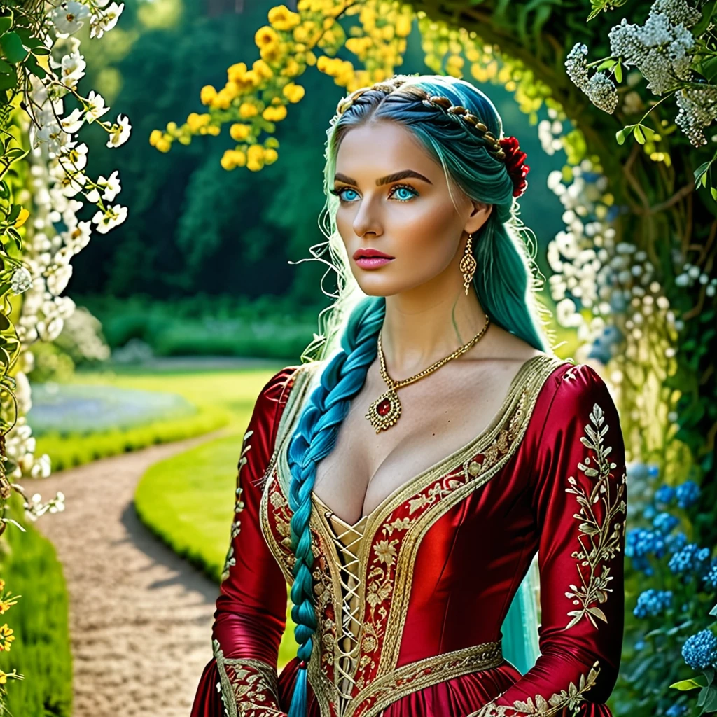 Generate a (hyperdetailed, realistic, Full Body), photo of Nia, (((turquoise color eyes))), (((long, silky, straight, Ombre blend of shimmering silver and celestial blue hair))), (((Position Nia with her long, silky hair styled in an elegant, low bun with sections of hair intricately braided and pinned back, adorned with small, delicate flowers woven into the braids))), (fair skin:1.4), (((Massive round natural breasts))), (Massive Breasts:1.8), (Greek and Russian mix ethnicity), (hourglass figure, perfect body, NSFW, perfect anatomy, masterpiece, best quality).(((She is wearing a Golden color flowing, floor-length medieval-style dress in rich Crimson Red jewel tones, the soft fabric complementing her curves. The dress features lace-up details, long sleeves, and intricate embroidery))) Nia walks through the castle courtyard, her dress trailing behind her on the cobblestone path. She glances over her shoulder with a serene smile, her braided and flower-adorned hair cascading down her back. The sun casts a warm, golden glow, highlighting the ancient stone walls and blooming garden. She is wearing a Golden color flowing, floor-length medieval-style dress in rich Crimson Red jewel tones. 8k, (Fit, Athletic, Tall), (Massive Breasts), (Highly detailed facial and skin texture), (Best quality, ultra detailed, Golden ratio, Masterpiece:1.2), (Theatrical lighting:0.7, Perfect rare face), (Highly detailed skin), skin texture, Pale skin, shiny skin, (thin, large size:1.2), [:(Sharp focus on rare face, perfect eyes:1.2):0.2], hyperdetailed photography, UHD, realistic skin texture, shot with Canon EOS 5D Mark IV and Canon EF 50mm f/1.4 USM lens, highly detailed.
