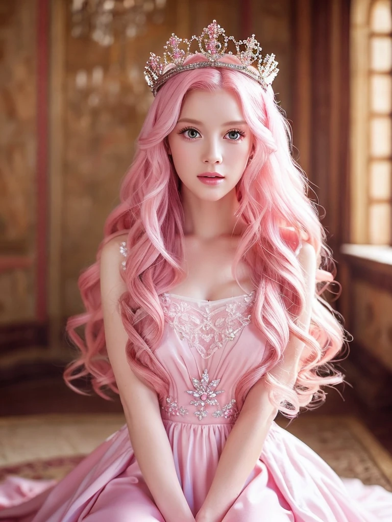 I want a cinematic with a beautiful, white woman with long pink hair, her eyes are pink and beautiful, she is wearing a pink dress and a crown inside a castle 
