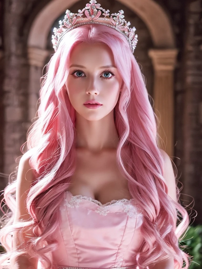 I want a cinematic with a beautiful, white woman with long pink hair, her eyes are pink and beautiful, she is wearing a pink dress and a crown inside a castle