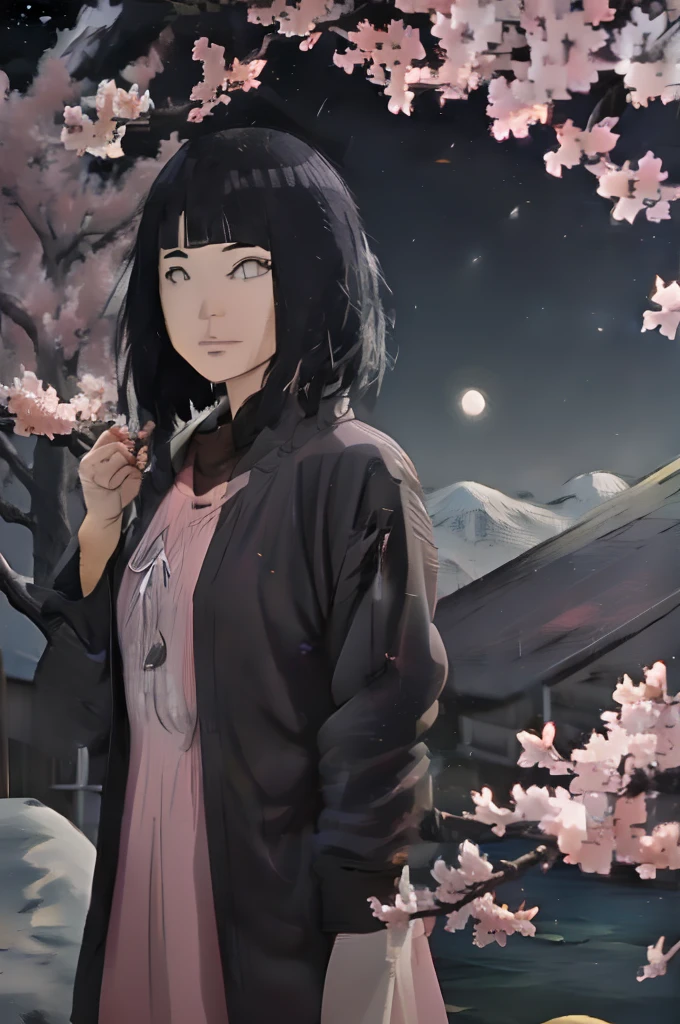 masterpiece, best quality, night, mountain, full moon, long black hair, woman, firefly, stars, mysterious cherry blossom tree, pink leaves, high quality, beautiful graphics, high detail