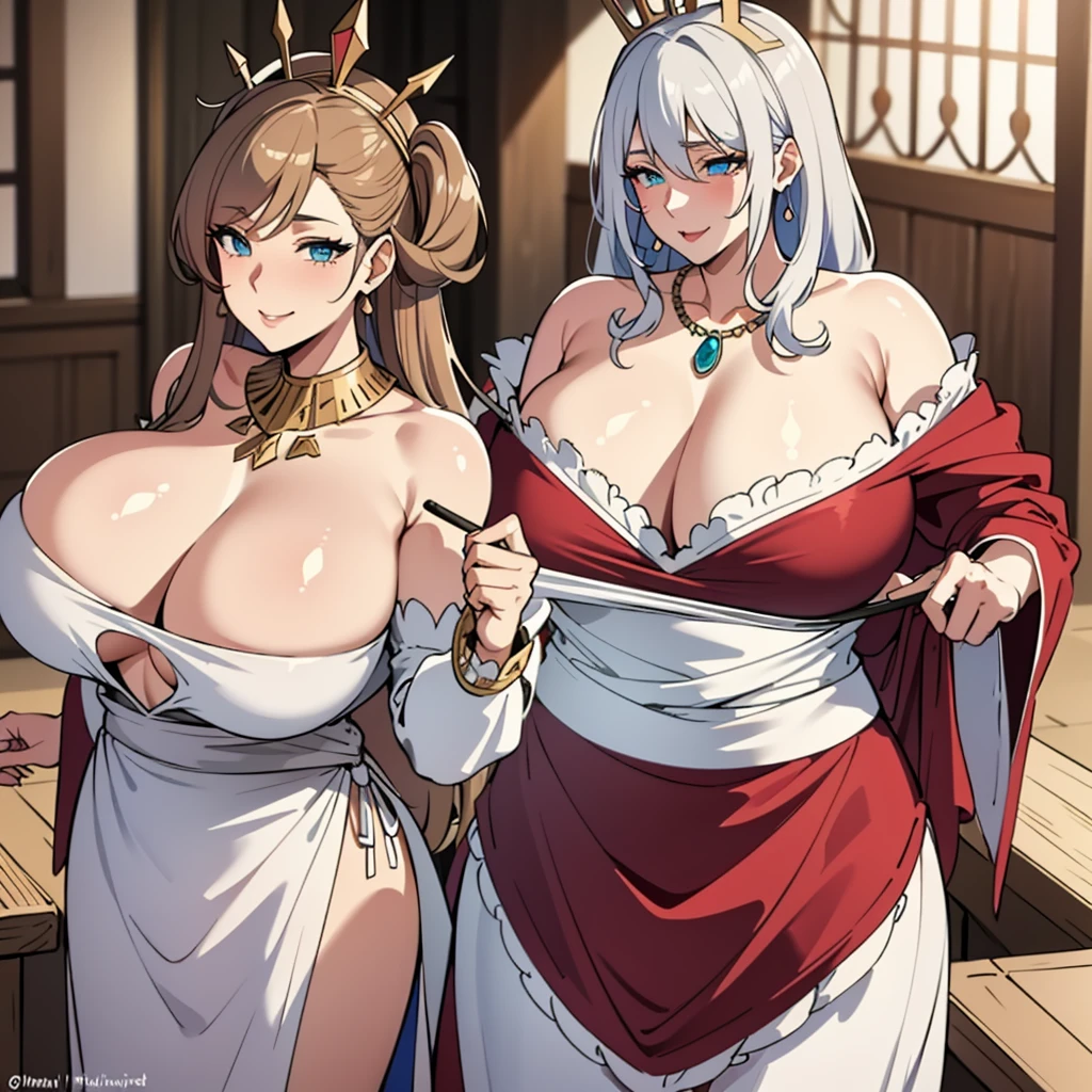 masterpiece:1.2, (best quality), (real picture, intricate details, depth of field), make up, smile, highly-detailed, perfect face, (huge breasts:1.9), (skindentation), attractive waist, tall, glossy coral lips, moderate musculature, toned abdomen, beautiful navel, (extra long brown color hairs:1.2), (beautiful bright coral blue eyes), sexy, blushing, Massive Cleavage, Disproportional , hanging breasts, Queen, Tiara, apron only, earrings, necklace, mature woman