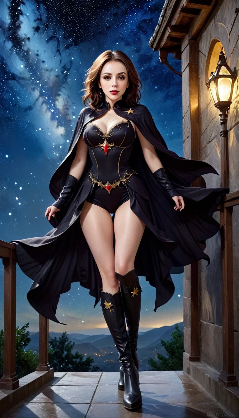 a beautiful and refined woman (Alyssa Milano as Phoebe Halliwell, from the Charmed series) standing under the starry night sky on the balcony of her monastery, action photo, dynamic angle (ultra detaild, Masterpiece artwork, best qualityer), rosto ultra detaild (ultra detaild, Masterpiece artwork, best qualityer), ultra feminine, (skin fair: 1,3), wavyhair, dynamic eye color, Cool eyes, glare eyes, olhos intensos, dark red lips, [fangs], wearing black (ultra detaild, Masterpiece artwork , best qualityer), wearing white cape (ultra detalhada, Masterpiece artwork, best qualityer), longCap, flowing cape (ultra detalhada, Masterpiece artwork, best qualityer), wearing high heel boots, sky full of stars in the background, moonligh, action photo, High details, best qualityer, 16K, [ultra detaild], Masterpiece artwork, best qualityer, (ultra detaild), fully body, ultra wide photo, fotorrealism, dark fantasy art, dark fantasy art, many stars, dark fantasy art, feeling dread. 