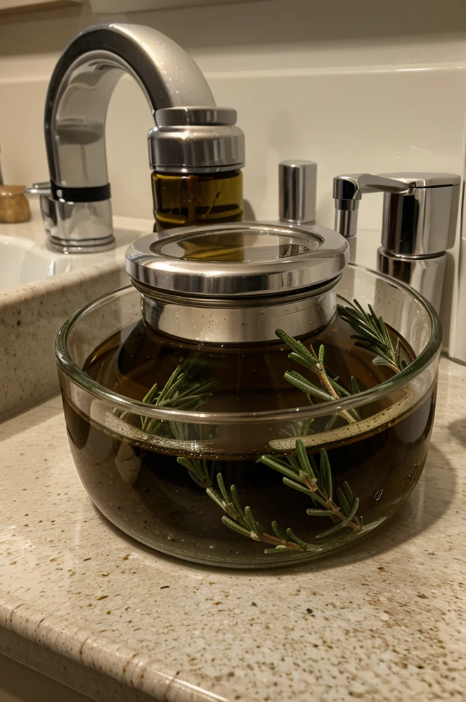 image of Rosemary leaf's in a glass bottle full of brown rosemary oil on a bathroom sink