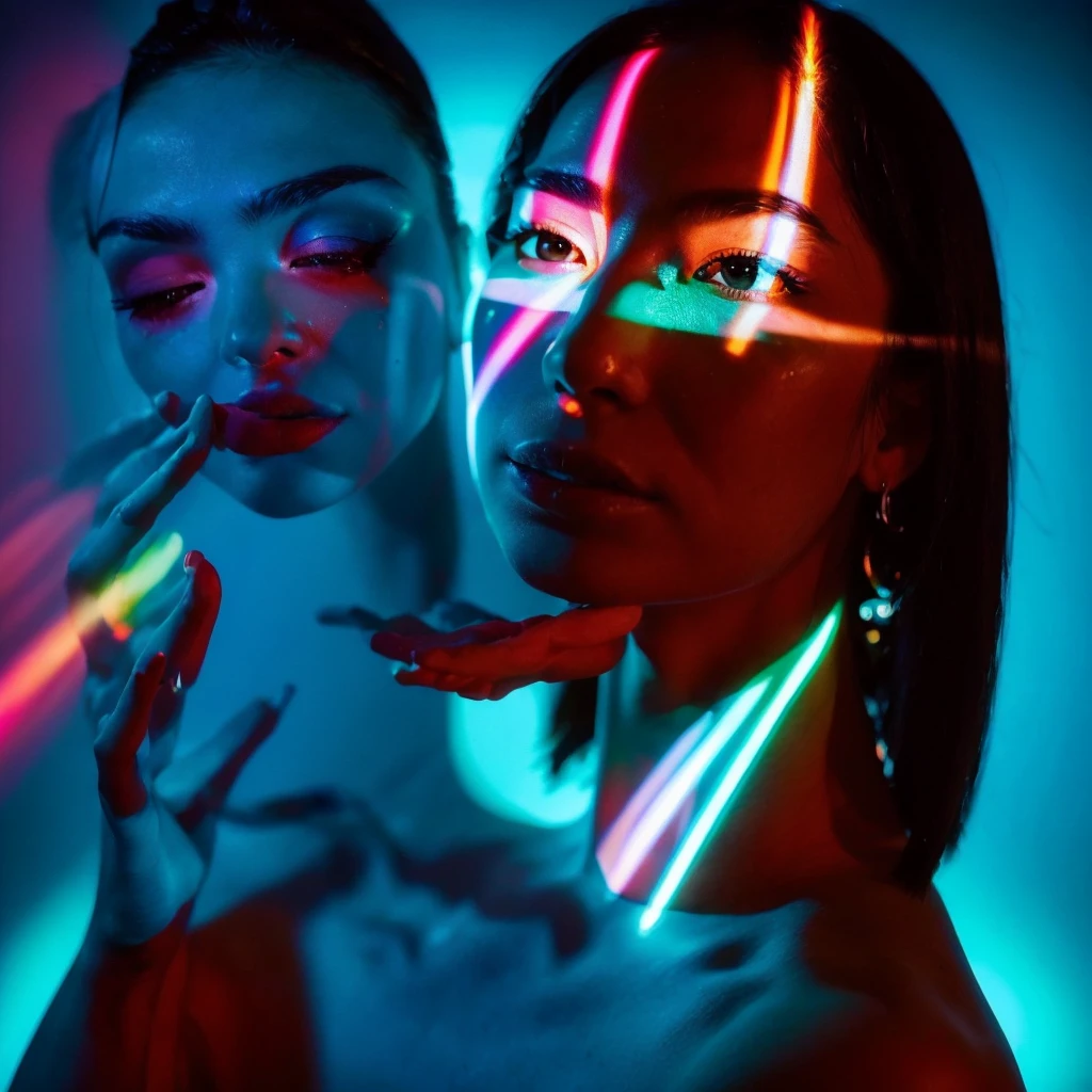 made full portrait unique photography with light and painting. Using Fluorescent materials to form abstract patterns that are implemented on the pretty japanese women face with dynamic pose. Phosphorescent materials store light and release it slowly. glow in the dark, prism rainbow effect, Ultra highly detailed, skin texture, detailed art, neon glow backround, Realistic Portrait by Arnau Mas