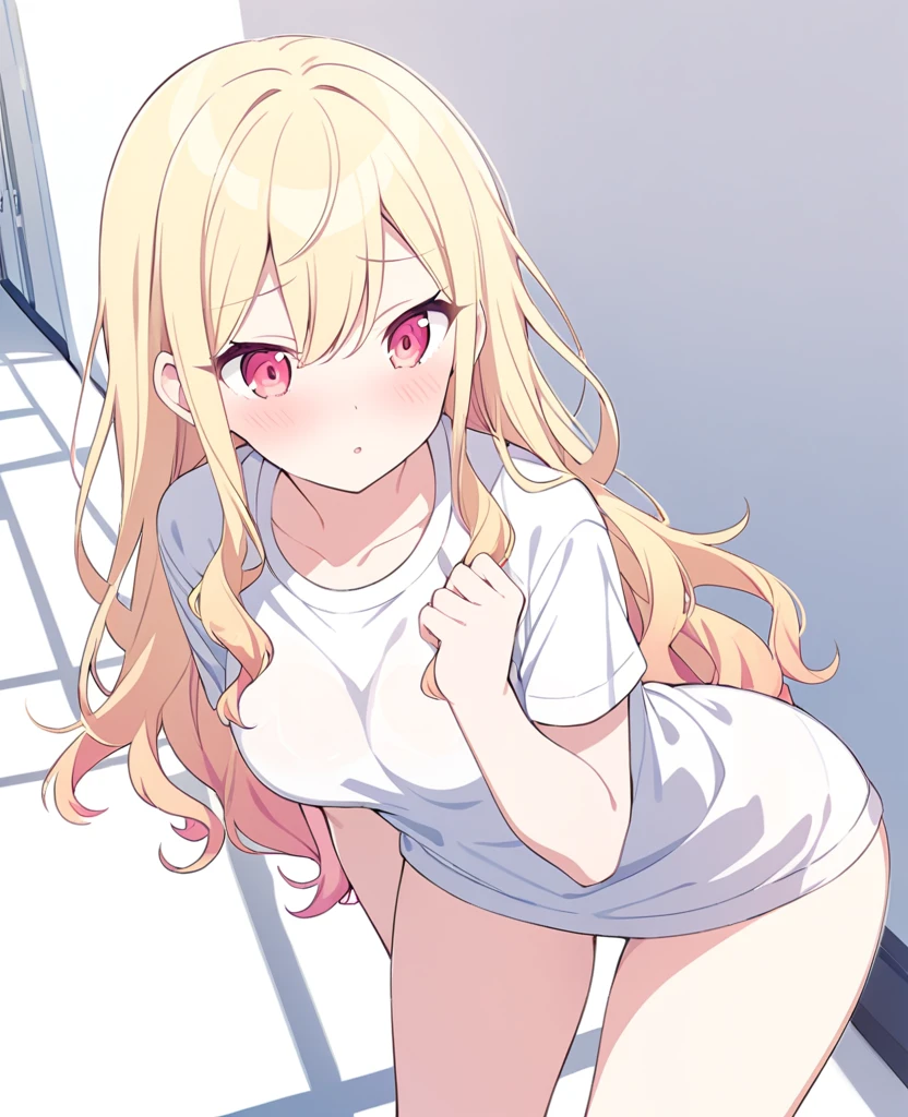 One girl,alone,Tenma Saki, body type,Yellow Hair,Red Eyes,project sekai,long hair,cute,cute,nsfw,shirt,corridor,Groping female genitalia