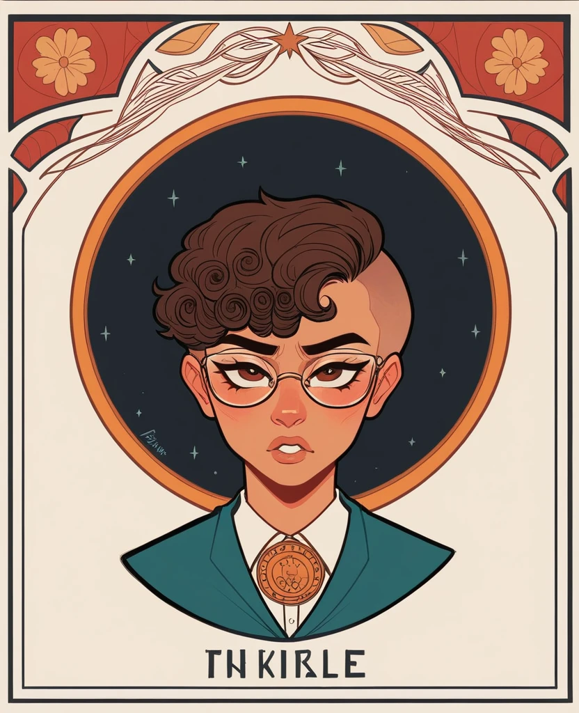 Imagine a vibrant art nouveau poster, framed in nasturtium flowers. At the center, an androgynous woman is in the spotlight, wearing a black empire waisted dress that flows gracefully to the floor. Her short natural 4c hair is styled in tightly coiled fluffy curls in a pixie cut. She has dark brown eyes and wears glasses. Her skin is a medium olive tan. She holds a dairy cow isopod as if it is a cat in her arms. The poster radiates a sense of perfection and wonder, inviting everyone to discover the story of the perfect princess.