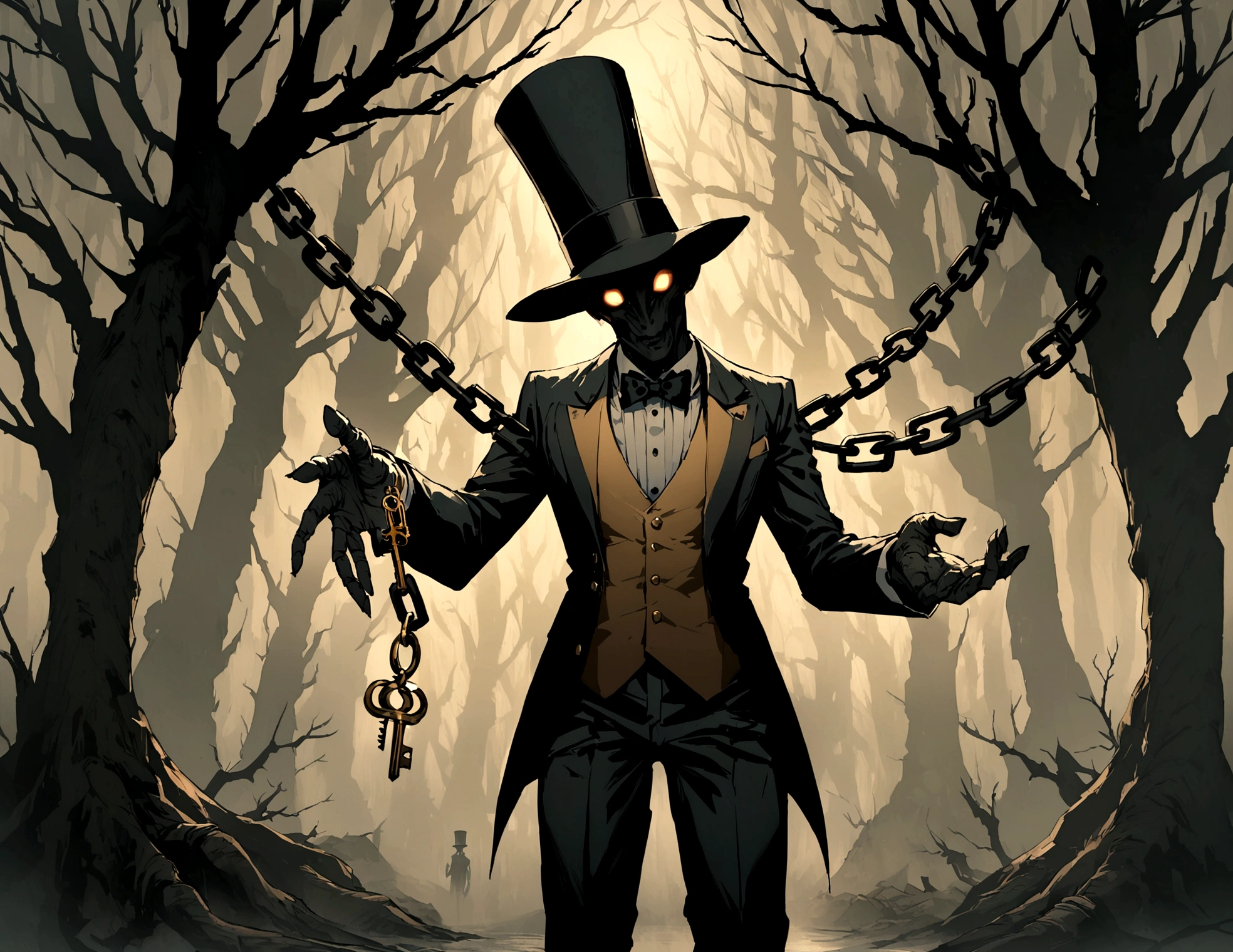 a scary-looking humanoid black rabbit, wearing a vest, bow tie and top hat, holding in his hand a chain with a golden key, scary surrealistic full-body image, background a dark forest, with large dead trees.