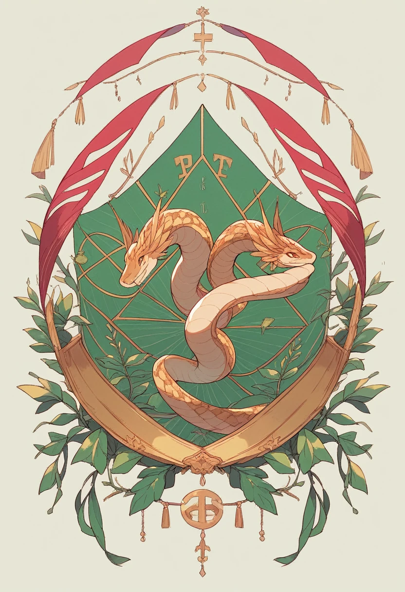 Por favor, create an ornate, symmetrical emblem with a central medicine snake symbol intertwined with elaborate foliage elements. The design should incorporate a rich color palette of green and gold, with touches of white for contrast. Include decorative banners with the inscriptions 'TURM XI' at the top and 'MEDICINA' at the bottom. Add intricate scroll work and flourishes to enhance the emblem's luxurious feel, along with gemstone embellishments to add depth and opulence