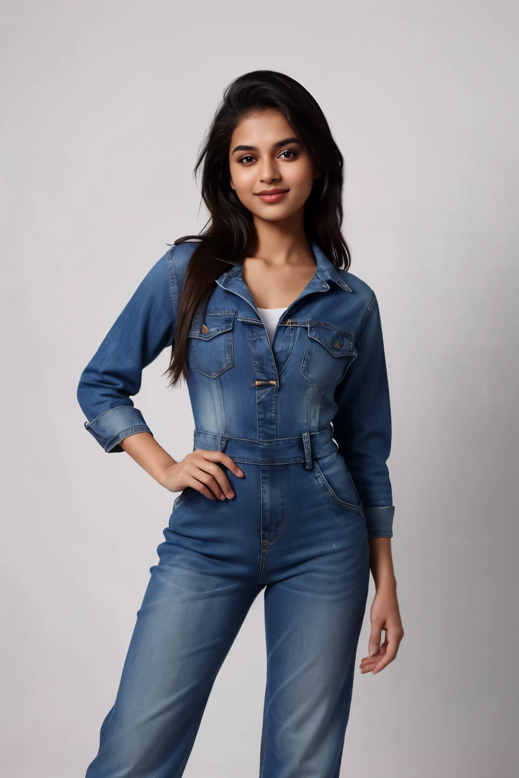 A female Indian Instagram model, wearing a blue denim jumpsuit, with rolled-up sleeves, in a light background, rim light, key lights, volumetric smoke, giving a confident smile.