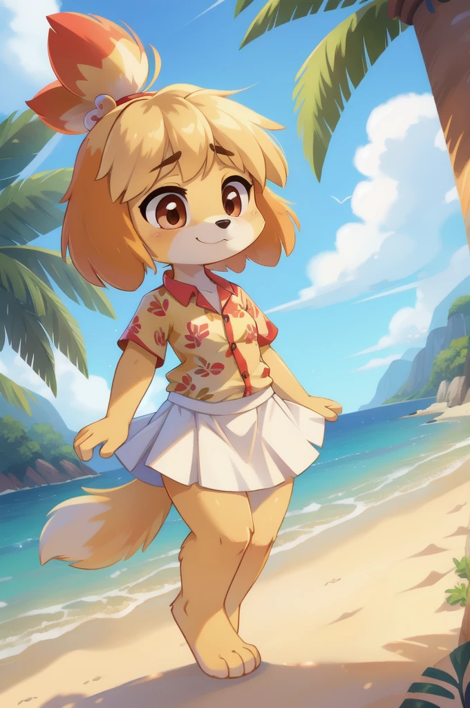 Furry girl, Isabelle, brown eyes, yellow body fur, white body fur, black nose, yellow hair, spread bangs, full body, detailed body fur, detailed body, detailed eyes, glistering body, shiny body, gorgeous body, masterpiece, small breasts, feets whit three toes, ((red hawaiian shirt, white skirt)), beach, clear sky, tiny body, short body,