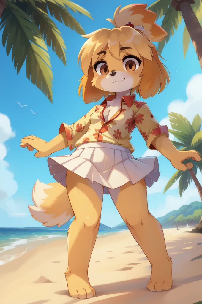 Furry girl, Isabelle, brown eyes, yellow body fur, white body fur, black nose, yellow hair, spread bangs, full body, detailed body fur, detailed body, detailed eyes, glistering body, shiny body, gorgeous body, masterpiece, small breasts, feets whit three toes, ((red hawaiian shirt, white skirt)), beach, clear sky, tiny body, short body,