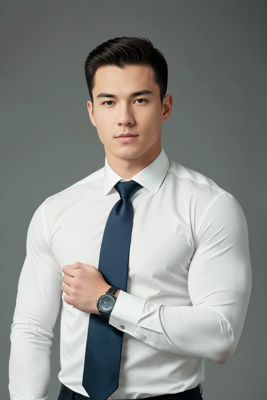 1 man,
at 19 and.o muscular man in white long sleeve shirt and tie, with a clock, Upper part of the body,
in camera studio with 3 flashes, soft lighting,
Masterpiece, Best Quality, 8k hd, DSLR, film grain, Fujifilm XT3 photorealistic painting art by midjourney and greg rutkowski