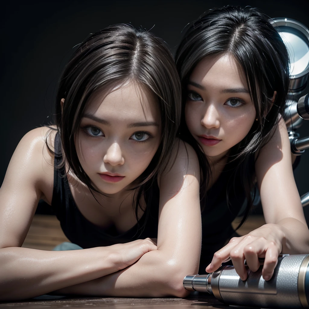 (Masterpiece),(of the highest quality),(high resolution),(Very detailed),a woman,black fur,short bob,pretty eyes,long eyelashes,beautiful hair,Beautiful skin,whole body,BREAK(((aim at something with a sniper rifle))),((Close one eye and look through the telescope.))(lying down),((Sniper's rifle)),Army camouflage uniform,bulletproof vest big breasts, combat boots, Tactical Forster,tactical headphones,(The background is a dense forest.),(((background blur))), seductive body, image from behind. Rear perspective, whole body.