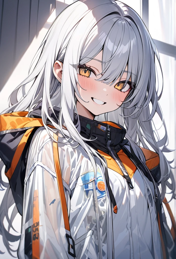 (masterpiece)), ((super detailed)), (very active and cool), woman, solo, Cute attitude,((Jacket)),womanはとても(smile)with(Cat ear)Appearance, white hair,background(pure white wall),long hair、ゲーマー見たいなAppearance,My clothes are transparent、put one's hand in one's pocket、Jacketを着ている、wearing a hood、anime painting