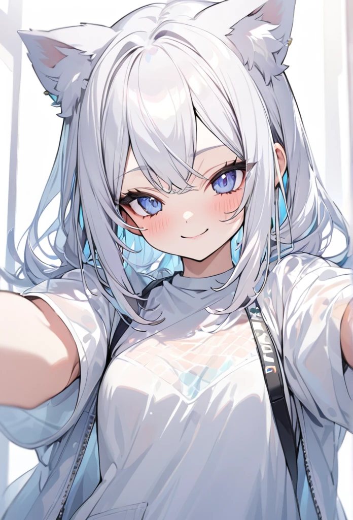 (masterpiece)), ((super detailed)), (very active and cool), woman, solo, Cute attitude,((Jacket)),womanはとても(smile)with(Cat ear)Appearance, white hair,background(pure white wall),long hair、ゲーマー見たいなAppearance,My clothes are transparent、put one's hand in one's pocket、Jacketを着ている、wearing a hood、anime painting