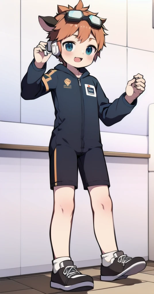 Second dimension boy teenager，One-piece mountaineering suit，horn，Cow ears，Put the headphones on your head，stand up，goggles，sports shoes，Slim，White knee socks，Short sleeve shorts，Leg ring，cute，happy，classroom