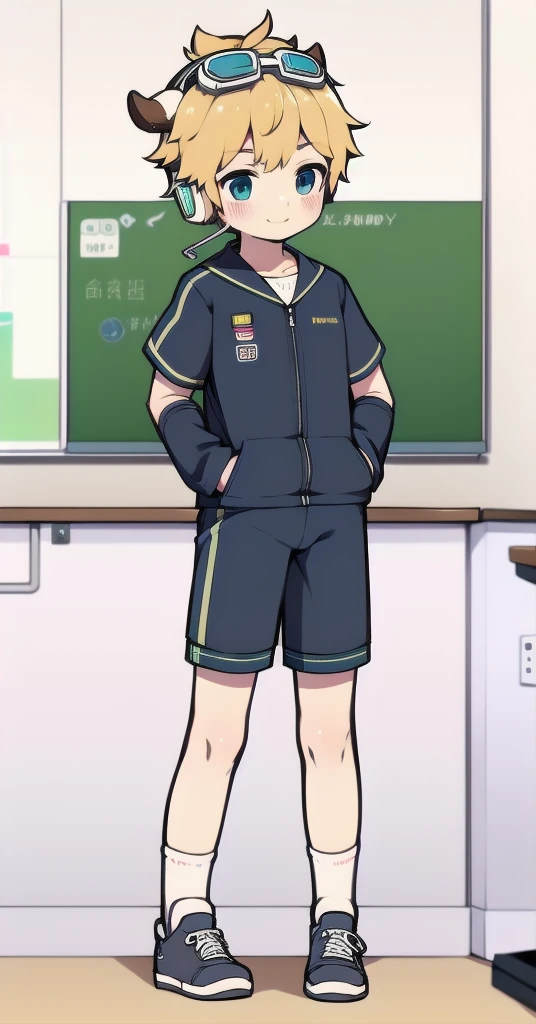 Second dimension boy teenager,One-piece mountaineering suit,horn,Cow ears,Put the headphones on your head,stand up,goggles,sports shoes,Slim,White knee socks,Short sleeve shorts,Leg ring,cute,happy,classroom