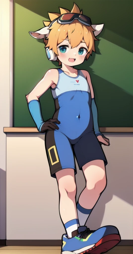 Second dimension boy teenager，One-piece mountaineering suit，horn，Cow ears，Put the headphones on your head，stand up，goggles，sports shoes，Slim，White knee socks，Short sleeve shorts，Leg ring，cute，happy，classroom