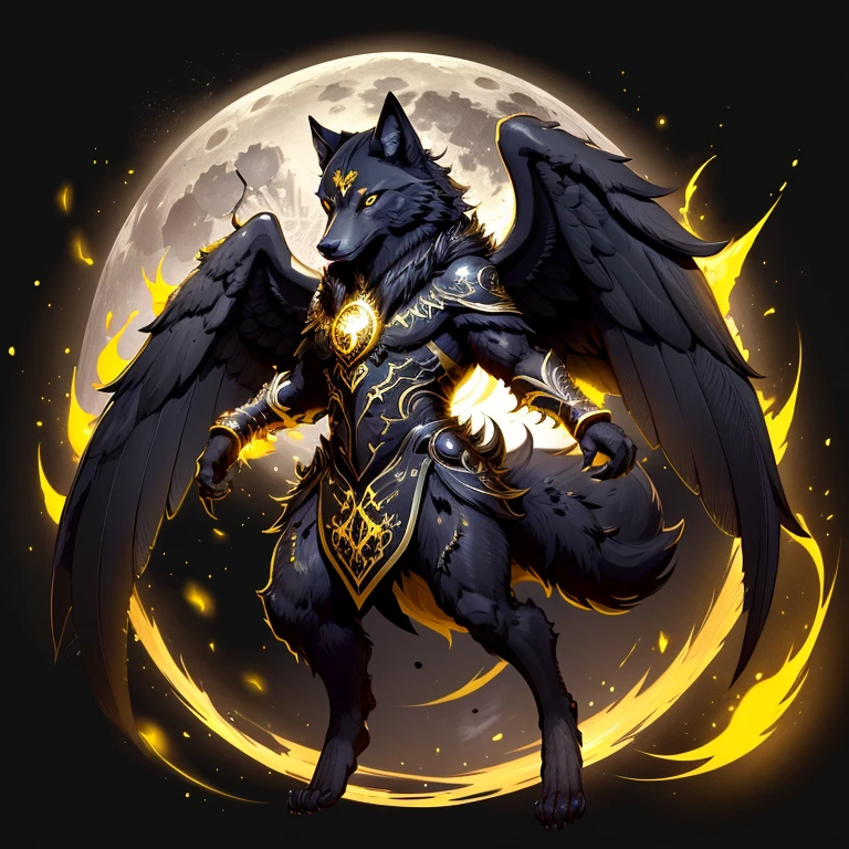 (1 wolf) full body, a yellow eyed black wolf, a winged four ears black wolf with light halos, black feathers, black wings, yellow energy around, full moon background