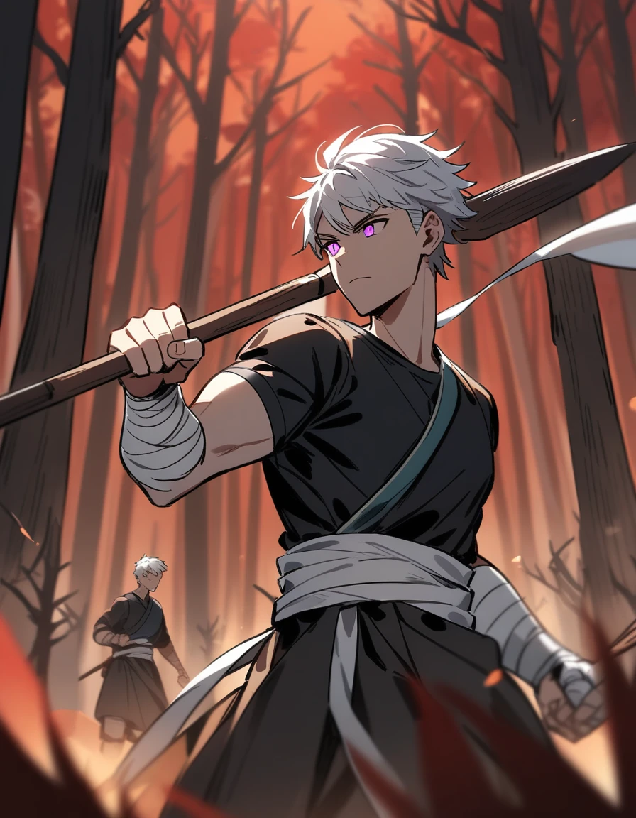 Greek boy with white hair, violet eyes, with bandaged fists, training with a wooden spear in a red forest with dead trees