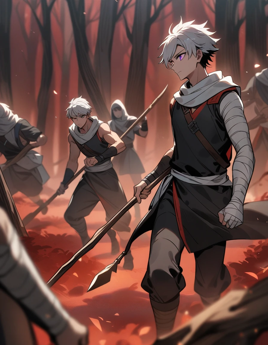 Greek boy with white hair, violet eyes, with bandaged fists, training with a wooden spear in a red forest with dead trees