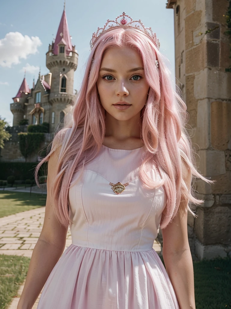I want a cinematic with a beautiful, white woman with long pink hair, her eyes are pink and beautiful, she is wearing a pink dress and a crown inside a castle