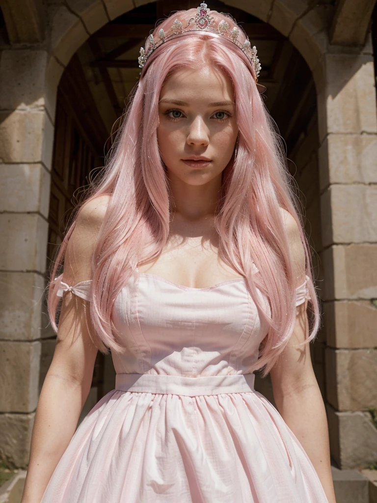 I want a cinematic with a beautiful, white woman with long pink hair, her eyes are pink and beautiful, she is wearing a pink dress and a crown inside a castle 