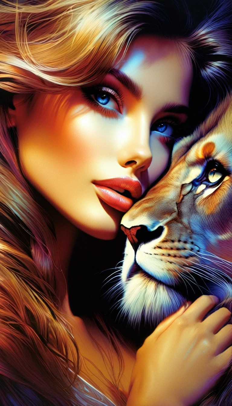 sexy girl and lion, , artwork inspired by Bill Sienkiewicz, vivid colors, intricate details, oil. (best quality,4k,8k,highres,masterpiece:1.2),ultra-detailed,(realistic,photorealistic,photo-realistic:1.37),intricate details,vivid colors,sharp focus,professional,Dave McKean artwork, oil touch of surrealism,oil painting style,portrait,woman,beautiful detailed eyes,beautiful detailed lips,dreamlike atmosphere,shadow play,soft lighting,playful pose, sexy girl and lion
