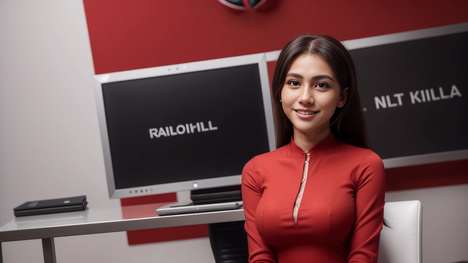 a friendly customer service representative, expressive eyes, full smile, professional attire, office setting, 8k, masterpiece, RAW photo, best quality, photorealistic, extremely detailed CG unity 8k wallpaper, Depth of field, Cinematic Light, Lens Flare, Ray tracing, (extremely beautiful face, beautiful lips, beautiful eyes), intricate detail face, ((ultra detailed skin)), ((1girl:1.9)), ((alone:1.9)), ((19years old)), (big smile;1.4), (beautiful and aesthetic:1.2), deep shadow, (sharp focus), [(((Raiana-Elizabeth-Dilla:1.9)))], pretty girl, (very slim slender fit-muscled body:1.9), (((business-style fashion:1.9))), (((stylish ((red:1.5)) clothes))), (((modern office background:1.9))), (shiny skin), clear eyes, (pale skin), ((whole-body-view:1.9)), ((full-body:1.9, cinematic shot)), soft lighting, (flowing dark-black hair), (looking at viewer:1.8),  ((beautiful legs:1.2)), (large breasts:1.1), highly detailed, ultra realistic, extremely detailed and realistic ((red:1.5)) clothes.