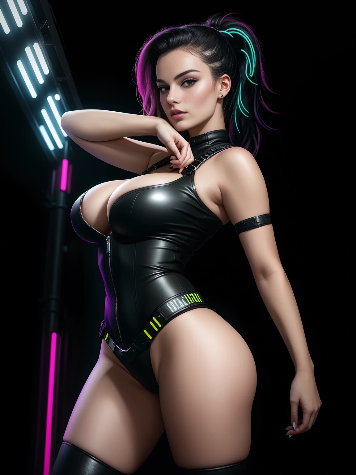 there is Margot Robbie, black neon streaked hair, hair in pony tail, 3 d neon art of a womans body, neon-noir background, cyberpunk femme fatale, seductive cyberpunk dark fantasy, cyberpunk strip clubs, cyberpunk 20 y. o model girl, oppai cyberpunk, banner, high definition cgsociety, cgsociety masterpiece, trending on cgstation, kda, random hair, nice ass, back to camera, gigantic breasts, cleavage, (high detailed skin:1.2), 8k uhd, dslr, super lighting, high quality, film grain, high res, highly detailed, hyper realistic, beautiful face, beautiful body, beautiful eyes nose lips, alluring expression, very bold, upper  visible, full body photo, standing legs apart, pale translucent glowing skin, most beautiful face, cute, (well defined pubic hair:1.2)), (dark plain black background:1.4))