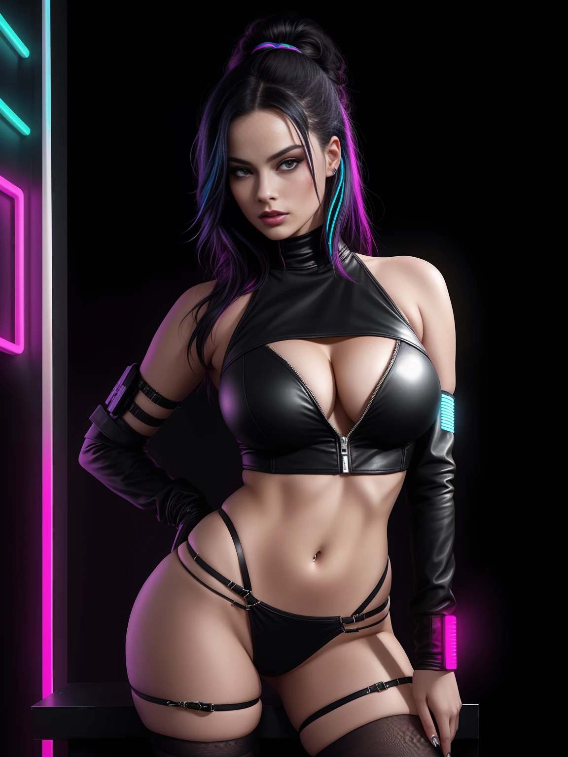 there is Margot Robbie, black neon streaked hair, hair in pony tail, 3 d neon art of a womans body, neon-noir background, cyberpunk femme fatale, seductive cyberpunk dark fantasy, cyberpunk strip clubs, cyberpunk 20 y. o model girl, oppai cyberpunk, banner, high definition cgsociety, cgsociety masterpiece, trending on cgstation, kda, random hair, nice ass, back to camera, gigantic breasts, cleavage, (high detailed skin:1.2), 8k uhd, dslr, super lighting, high quality, film grain, high res, highly detailed, hyper realistic, beautiful face, beautiful body, beautiful eyes nose lips, alluring expression, very bold, upper  visible, full body photo, standing legs apart, pale translucent glowing skin, most beautiful face, cute, (well defined pubic hair:1.2)), (dark plain black background:1.4))