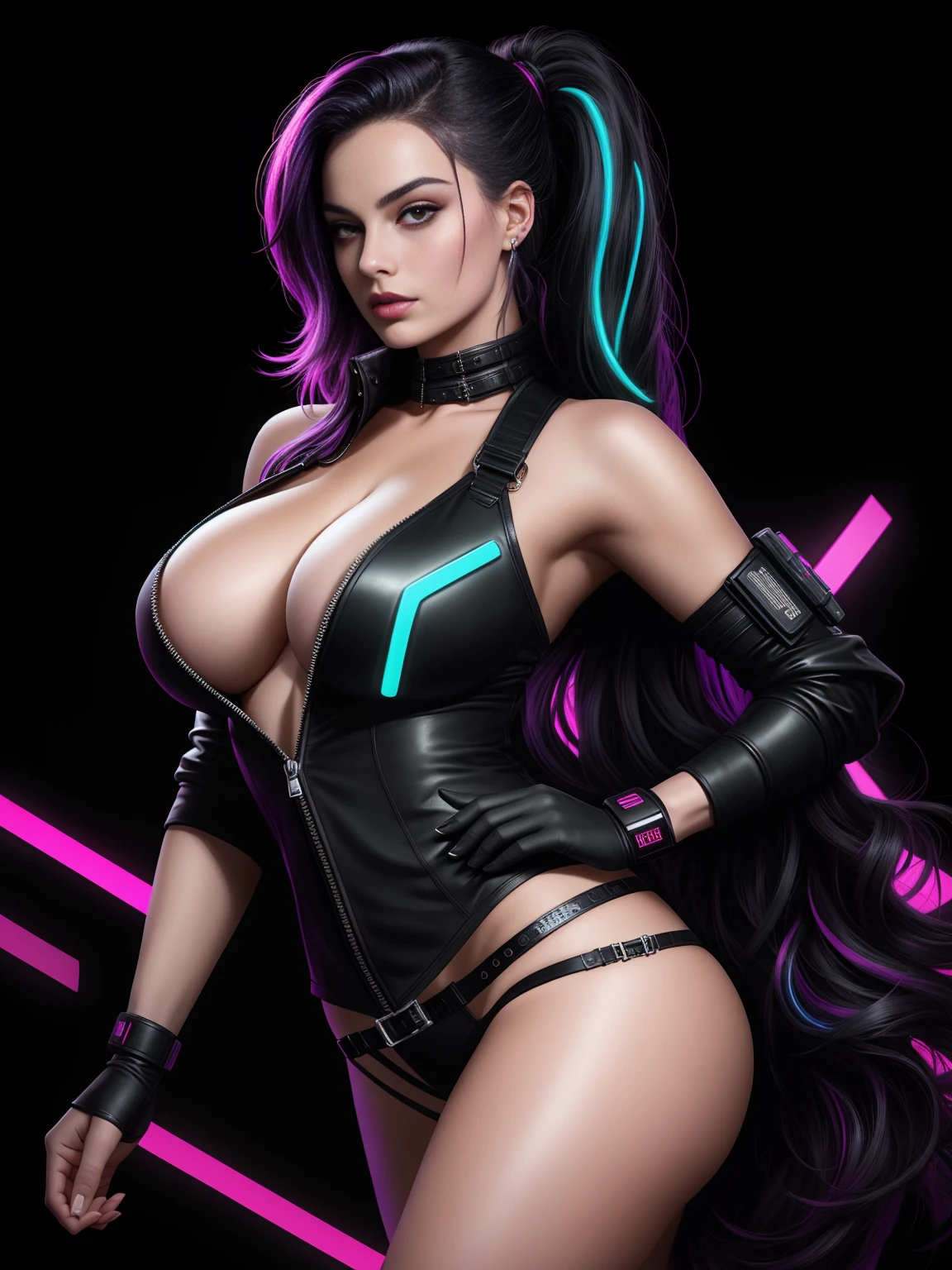 there is Margot Robbie, black neon streaked hair, hair in pony tail, 3 d neon art of a womans body, neon-noir background, cyberpunk femme fatale, seductive cyberpunk dark fantasy, cyberpunk strip clubs, cyberpunk 20 y. o model girl, oppai cyberpunk, banner, high definition cgsociety, cgsociety masterpiece, trending on cgstation, kda, random hair, nice ass, back to camera, gigantic breasts, cleavage, (high detailed skin:1.2), 8k uhd, dslr, super lighting, high quality, film grain, high res, highly detailed, hyper realistic, beautiful face, beautiful body, beautiful eyes nose lips, alluring expression, very bold, upper visible, full body photo, standing legs apart, pale translucent glowing skin, most beautiful face, cute, (well defined pubic hair:1.2)), (dark plain black background:1.4))