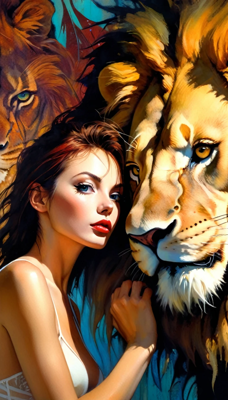 sexy girl and lion, , artwork inspired by Bill Sienkiewicz, vivid colors, intricate details, oil. (best quality,4k,8k,highres,masterpiece:1.2),ultra-detailed,(realistic,photorealistic,photo-realistic:1.37),intricate details,vivid colors,sharp focus,professional,Dave McKean artwork, oil touch of surrealism,oil painting style,portrait,woman,beautiful detailed eyes,beautiful detailed lips,dreamlike atmosphere,shadow play,soft lighting,playful pose, sexy girl and lion