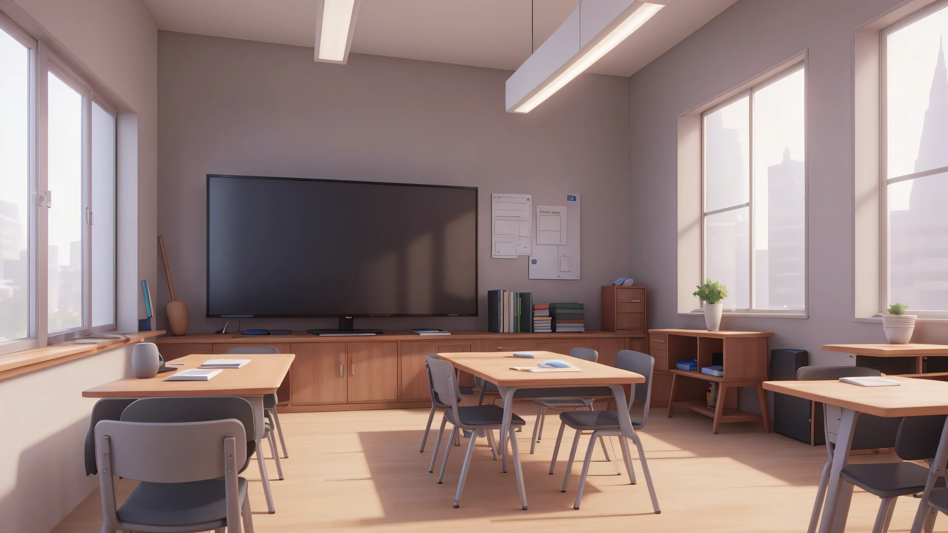 a flat screen monitor on a wooden desk in a well-lit classroom, gray concrete walls, large windows, sunlight streaming in, minimalist interior design, school supplies, modern and clean environment, (best quality,4k,8k,highres,masterpiece:1.2),ultra-detailed,(realistic,photorealistic,photo-realistic:1.37),high quality 3d rendering,studio lighting,extremely detailed,sharp focus,physically-based rendering,professional