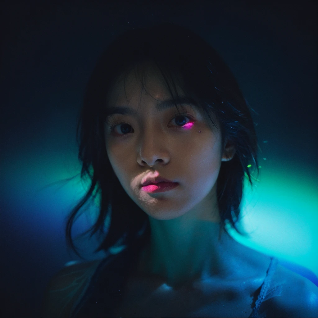 made full portrait unique photography with light and painting. Using Fluorescent materials to form abstract patterns that are implemented on the pretty japanese women face with dynamic pose. Phosphorescent materials store light and release it slowly. glow in the dark, prism rainbow effect, Ultra highly detailed, skin texture, detailed art, neon glow backround, Realistic Portrait by Arnau Mas