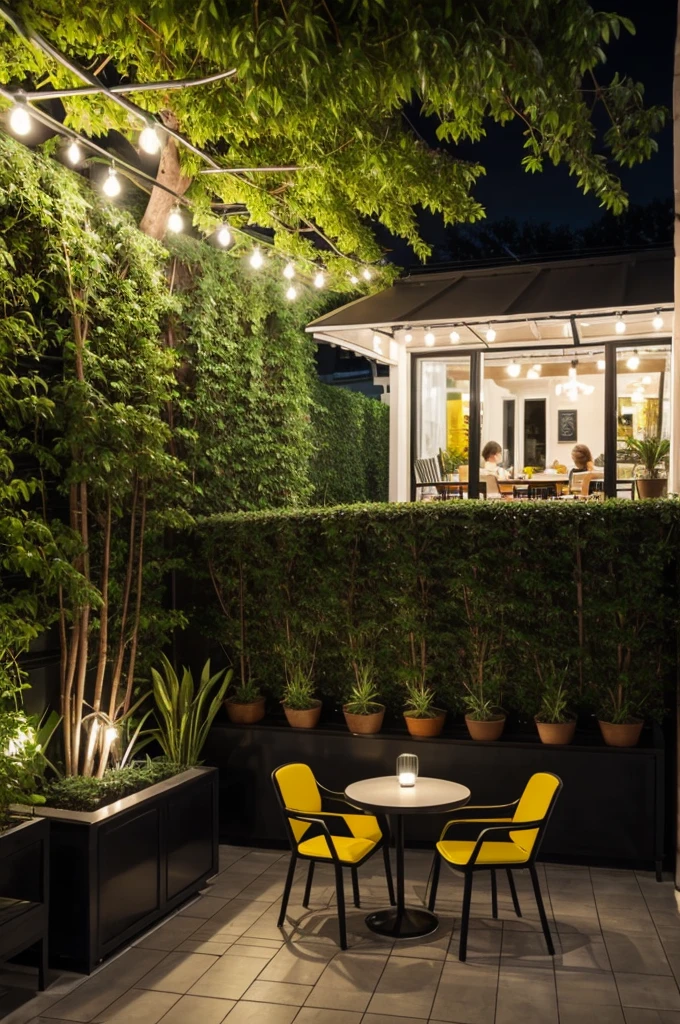 Small outdoor terrace restaurant with white tin roof. Black table and black chair. Potted plants. and yellow lights