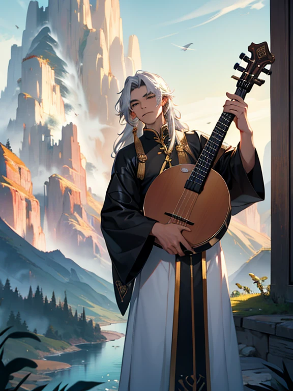 , , He is a young male Taoist with long hair and a long European face.。., , He was playing the erhu. He was playing the erhu., , He is very handsome., , He wore leather armor., , He is a bard.., , He is a bard.., , He is a bard.., , Behind him you can see the mountains, The background is pure gold, Not white.,