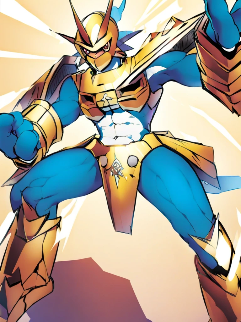 solo,Magnamon,angry,tall, blue and white skin,(battle damaged:1.5),(topless Magnamon:2),nipple,(armor fragments:1.5),(shirtless:1.5), fighting_stance, in desert ,full_shot