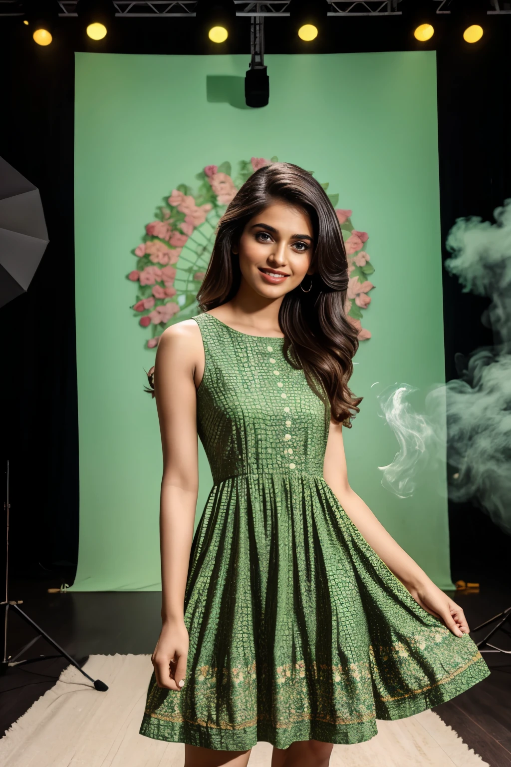 The female Indian Instagram model, wearing a green summer dress, with floral patterns, in a light background, rim light, key lights, volumetric smoke, giving a playful smile