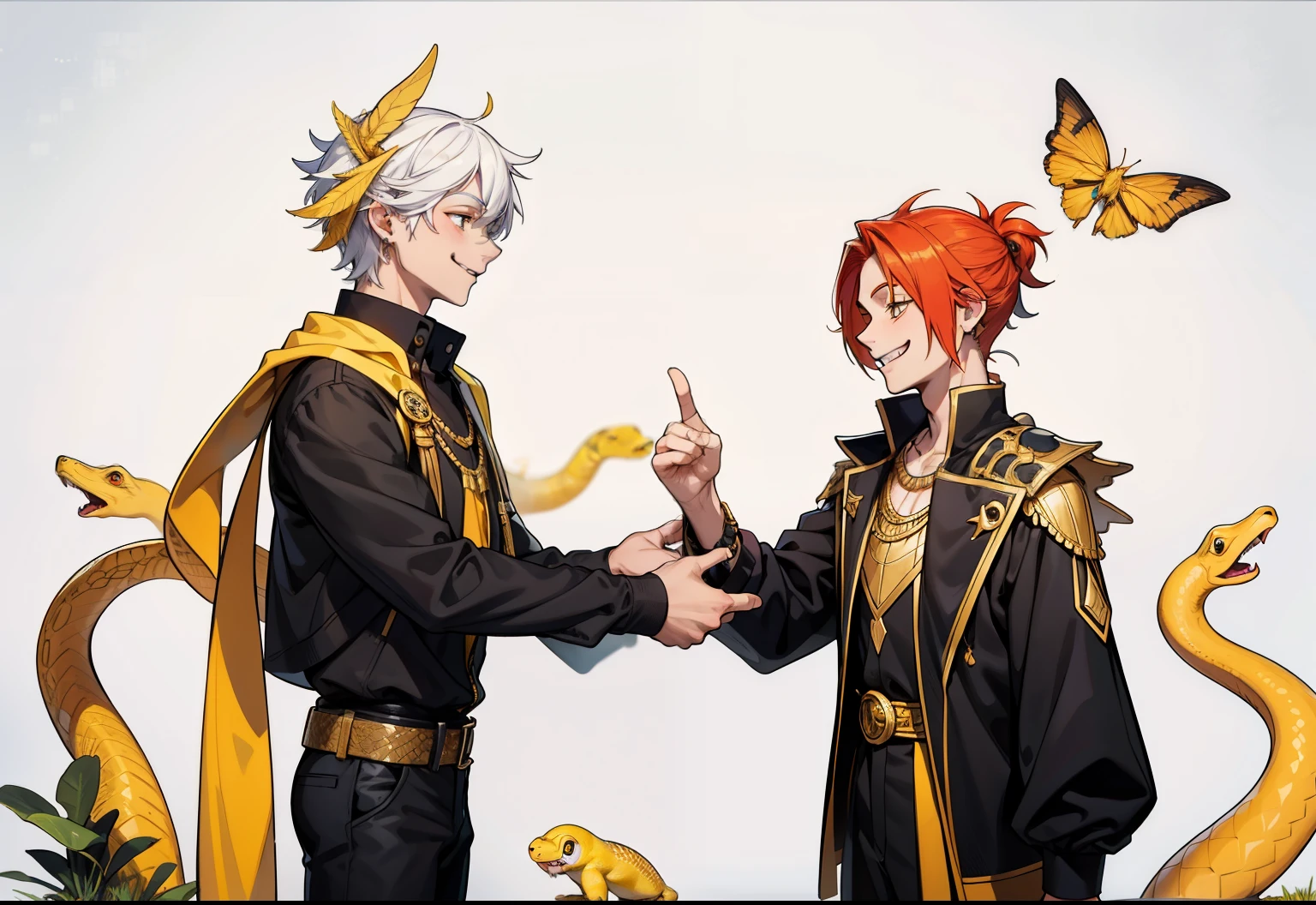 the young man has white hair ,He has a yellow snake on his shoulder, he has a pretty girl, he has a mischievous look, he smiles evilly with malice, he smiles with malice and evil, he plans something bad, the boy also smiles, he wears Egyptian clothing, black with yellow and gold jewelry, the girl has red hair, they smile with malice.