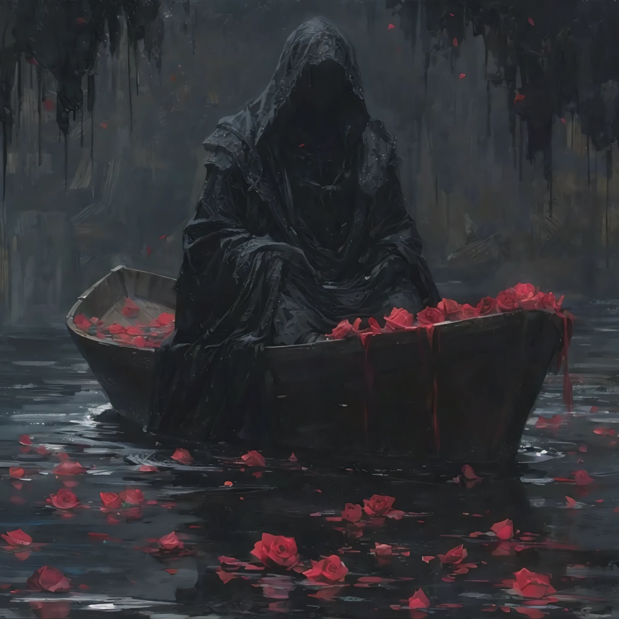 a hooded man in a small boat on a dark lake, rose petals floating on the water, mysterious and moody dark fantasy landscape, dramatic lighting, highly detailed, cinematic, masterpiece, photorealistic, 8k, intricate details, dramatic shadows, realistic water reflections, glowing rose petals, atmospheric, melancholic, moody, somber, gothic, dark, haunting