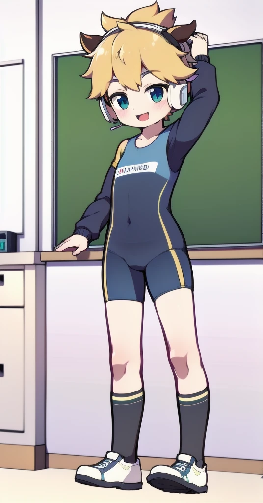 Second dimension boy teenager,One-piece mountaineering suit,horn,Cow ears,Put the headphones on your head,stand up,goggles,sports shoes,Slim,White knee socks,Short sleeve shorts,Leg ring,cute,happy,classroom