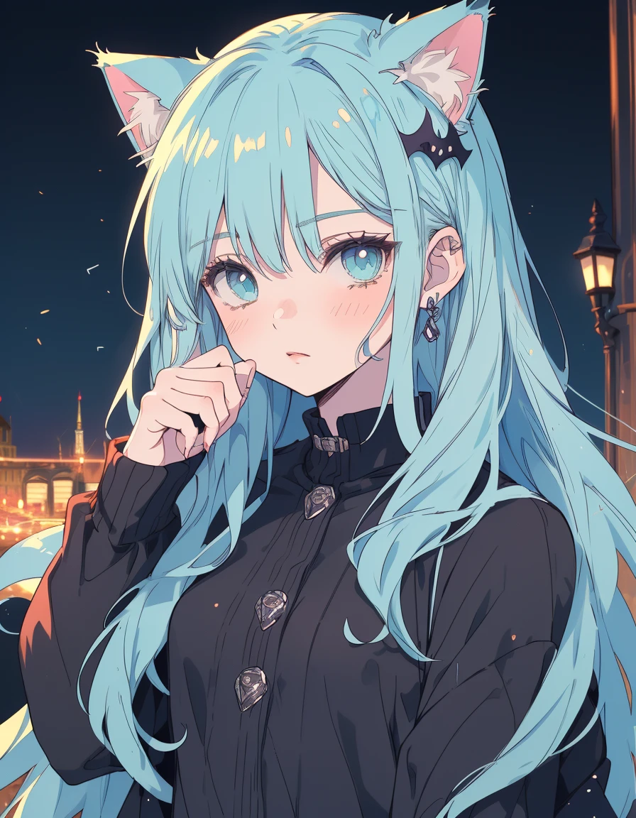 Demons, black clothed, horror castle, ((masterpiece, best quality:1.5)), ((Beautiful detailed cat aqua eyes:1.2)), cat ears, pale skin, small breasts, beautiful hands, beautiful fingers, EasyNegative