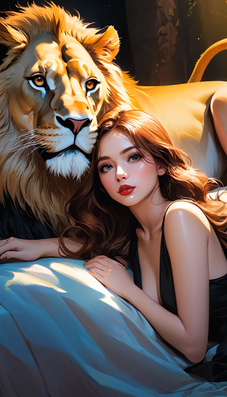 sexy girl and lion, , artwork inspired by Bill Sienkiewicz, vivid colors, intricate details, oil. (best quality,4k,8k,highres,masterpiece:1.2),ultra-detailed,(realistic,photorealistic,photo-realistic:1.37),intricate details,vivid colors,sharp focus,professional,Dave McKean artwork, oil touch of surrealism,oil painting style,portrait,woman,beautiful detailed eyes,beautiful detailed lips,dreamlike atmosphere,shadow play,soft lighting,playful pose, sexy girl and lion
