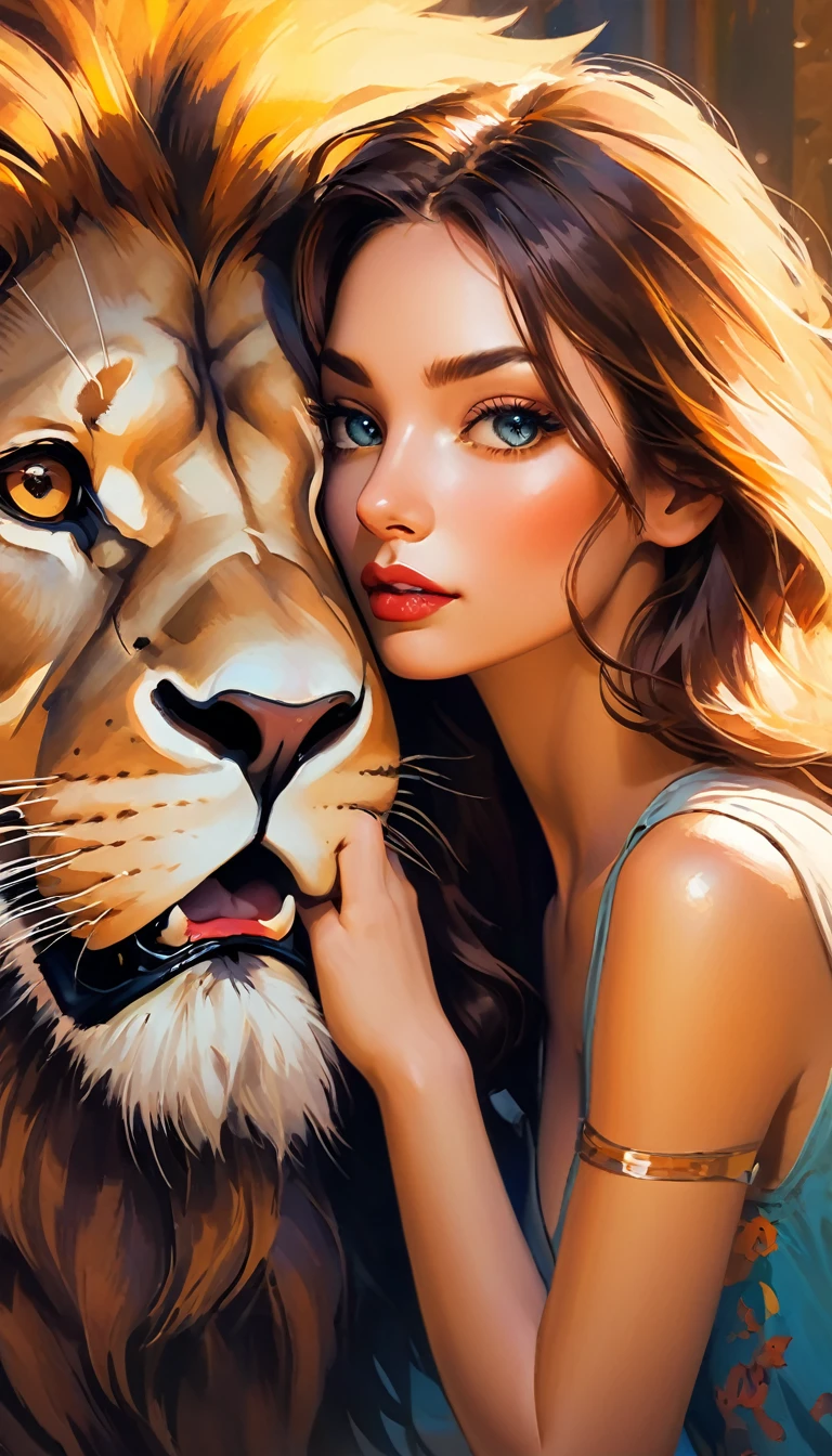 sexy girl and lion, , artwork inspired by Bill Sienkiewicz, vivid colors, intricate details, oil. (best quality,4k,8k,highres,masterpiece:1.2),ultra-detailed,(realistic,photorealistic,photo-realistic:1.37),intricate details,vivid colors,sharp focus,professional,Dave McKean artwork, oil touch of surrealism,oil painting style,portrait,woman,beautiful detailed eyes,beautiful detailed lips,dreamlike atmosphere,shadow play,soft lighting,playful pose, sexy girl and lion
