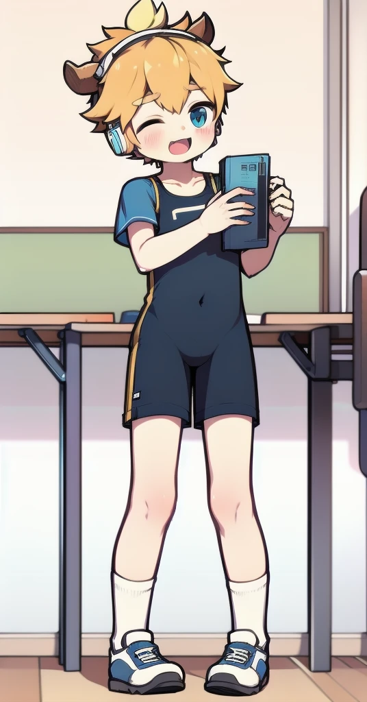 Second dimension boy ager,One-piece mountaineering suit,horn,Cow ears,Put the headphones on your head,stand up,goggles,sports shoes,Slim,White knee socks,Short sleeve shorts,Leg ring,cute,happy,classroom